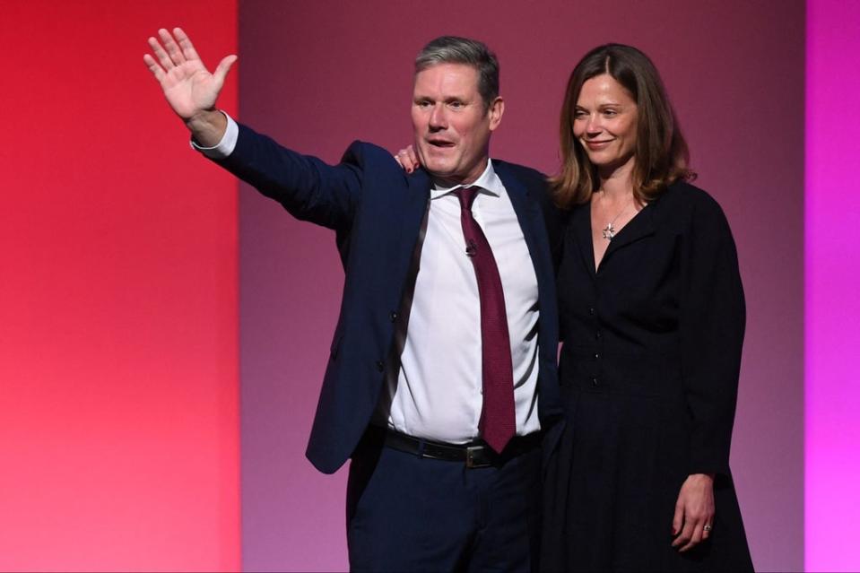 Labour leader Keir Starmer is joined by his wife Victoria after giving his speech (AFP via Getty Images)