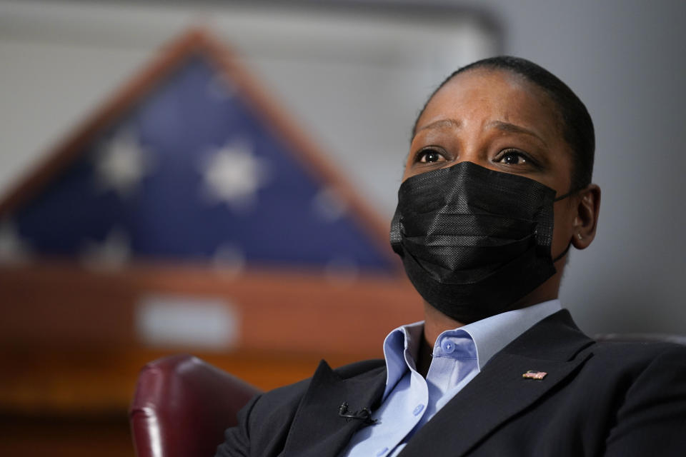 Police Commissioner Keechant Sewell talks to reporters at police headquarters in New York, Monday, Jan. 3, 2022. Sewell spent her entire policing career in suburban Long Island before recently becoming New York City's first police commissioner from outside the department in over two decades. (AP Photo/Seth Wenig)