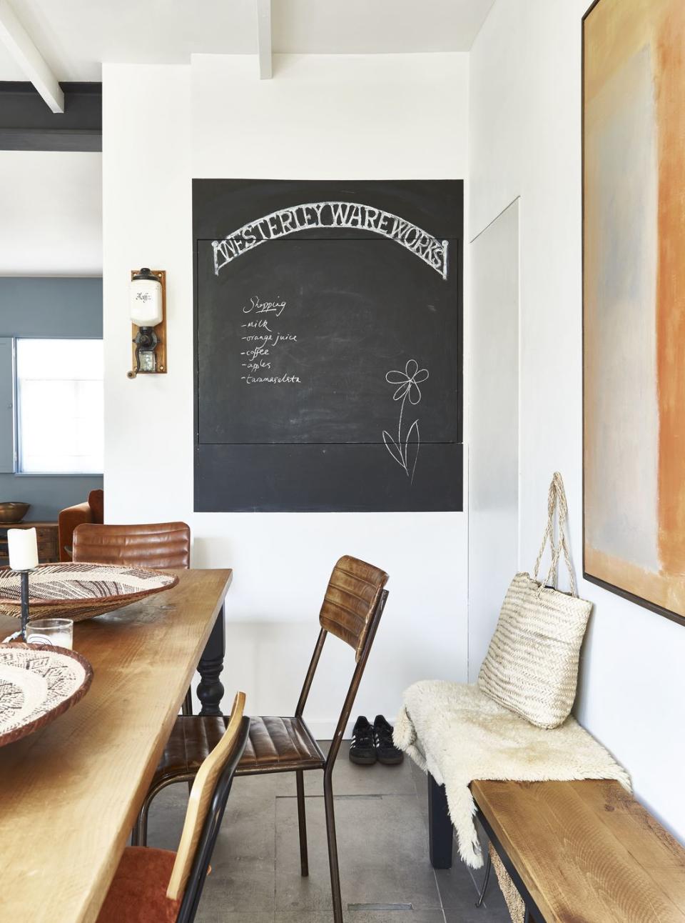 a room with a chalkboard and chairs