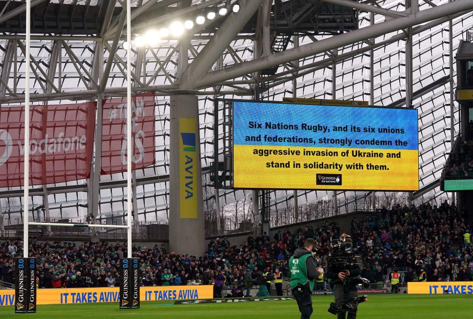 A message in support of Ukraine is shown inside the stadium before the match (PA)