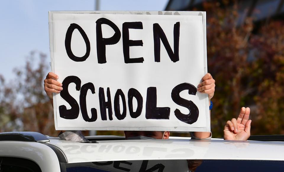 Rally to open schools on Feb. 15, 2021, in Los Angeles.