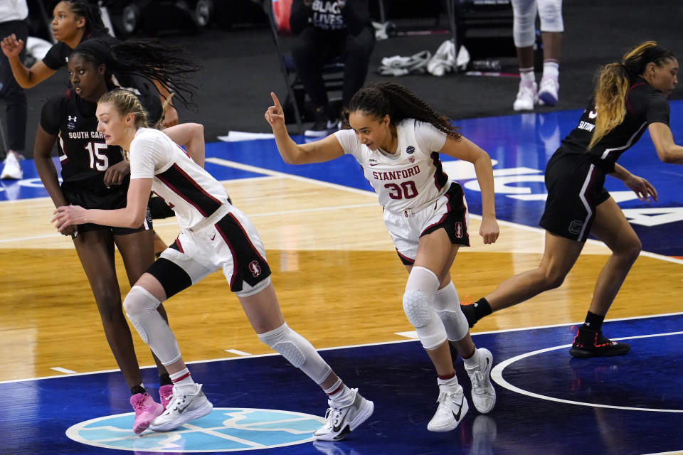 Stanford guard Haley Jones (30) celebrates after making a basket during the second half of a women's Final Four NCAA college basketball tournament semifinal game against South Carolina Friday, April 2, 2021, at the Alamodome in San Antonio. (AP Photo/Eric Gay)