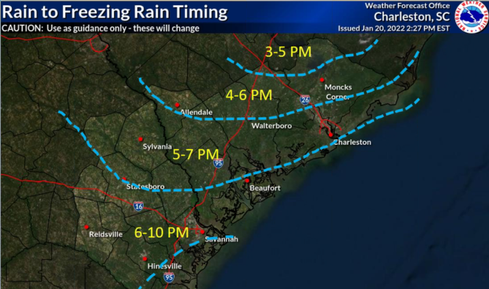 A graphic shows the expected timing of freezing rain across the state of South Carolina.