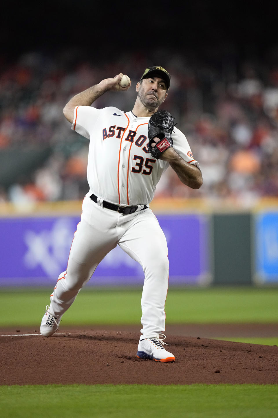 Houston Astros starting pitcher Justin Verlander throws during the first inning of a baseball game against the Texas Rangers Saturday, May 21, 2022, in Houston. (AP Photo/David J. Phillip)