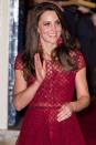 Kate arrived at a West End show in a $1,890 crimson gown by Marchesa Notte.