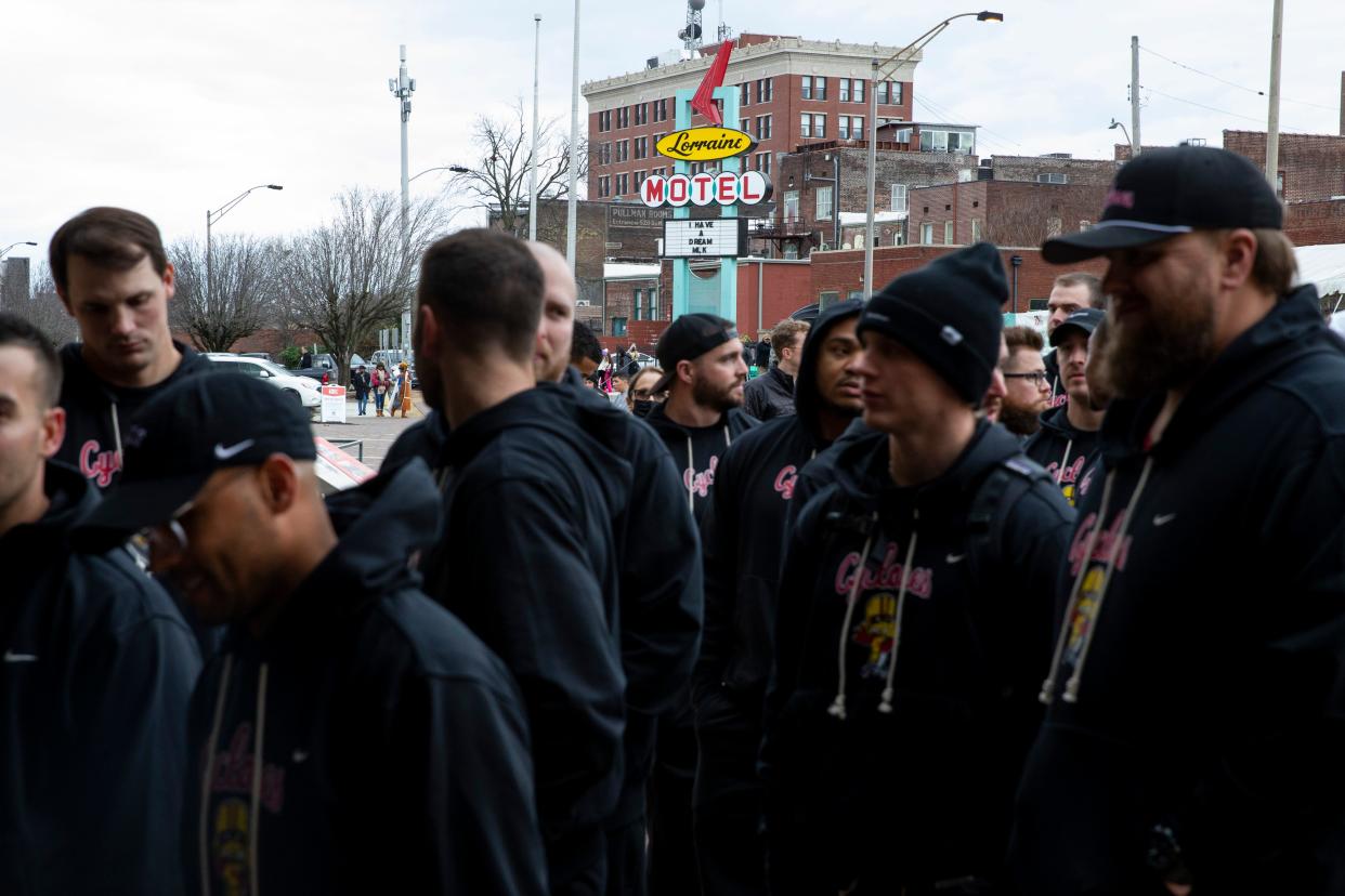 Iowa State football players wait to enter the National Civil Rights Museum at the Lorraine Motel in Downtown Memphis on Wednesday,