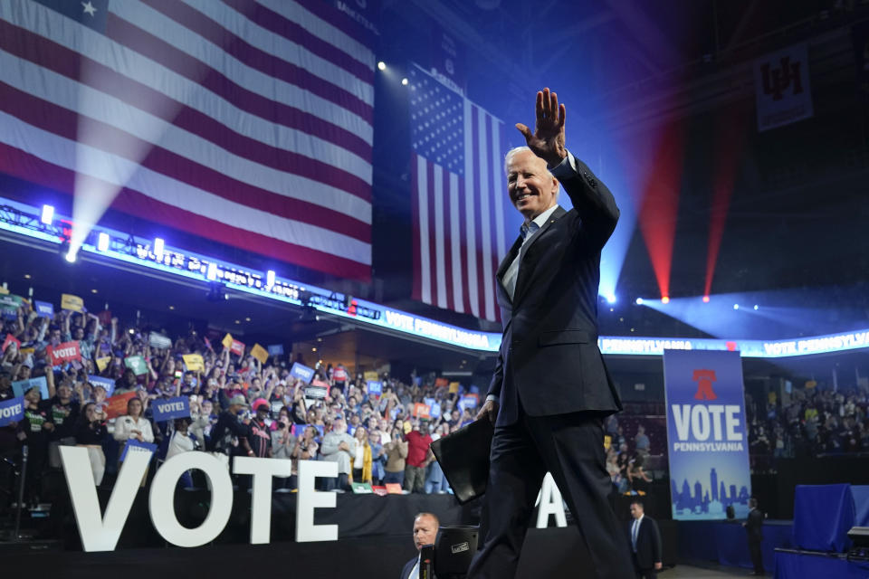 President Joe Biden waves as he walks off stage after speaking at a campaign rally for Pennsylvania's Democratic gubernatorial candidate Josh Shapiro and Democratic Senate candidate Lt. Gov. John Fetterman, Saturday, Nov. 5, 2022, in Philadelphia. (AP Photo/Patrick Semansky)