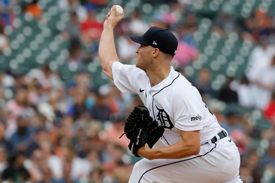 Detroit Tigers starting pitcher Matt Manning pitches against the Tampa Bay Rays at Comerica Park in Detroit, Michigan on Aug. 6, 2023.