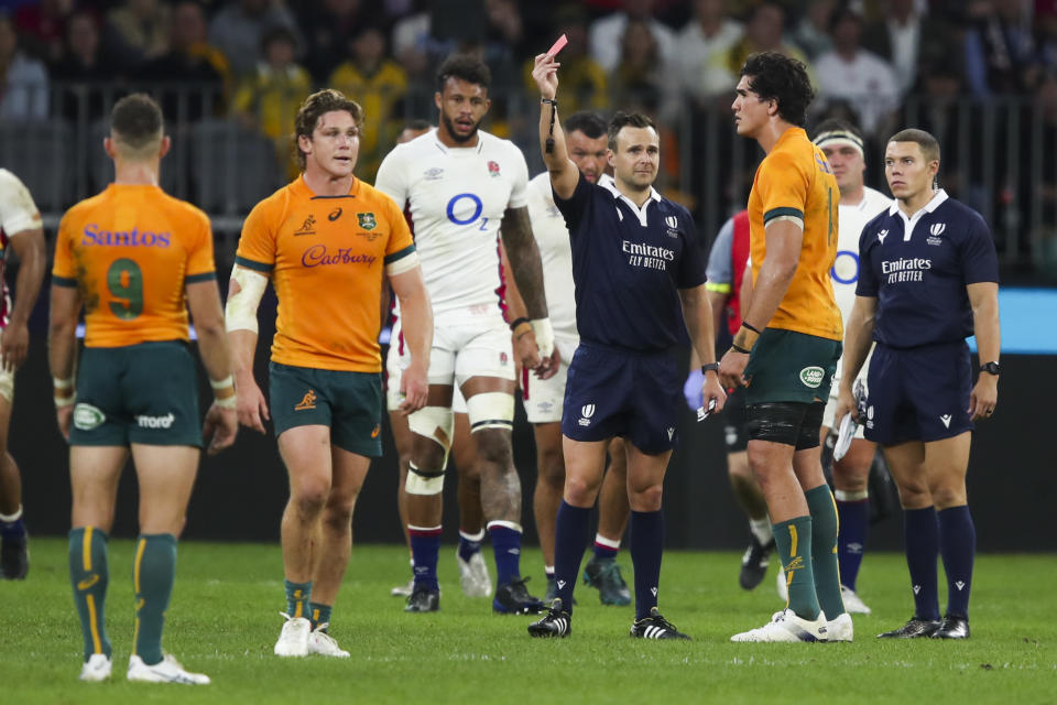 Australia's Darcy Swain is shown a red card by referee James Doleman during the rugby international between England and the Wallabies in Perth, Australia, Saturday, July 2, 2022. (AP Photo/Gary Day)