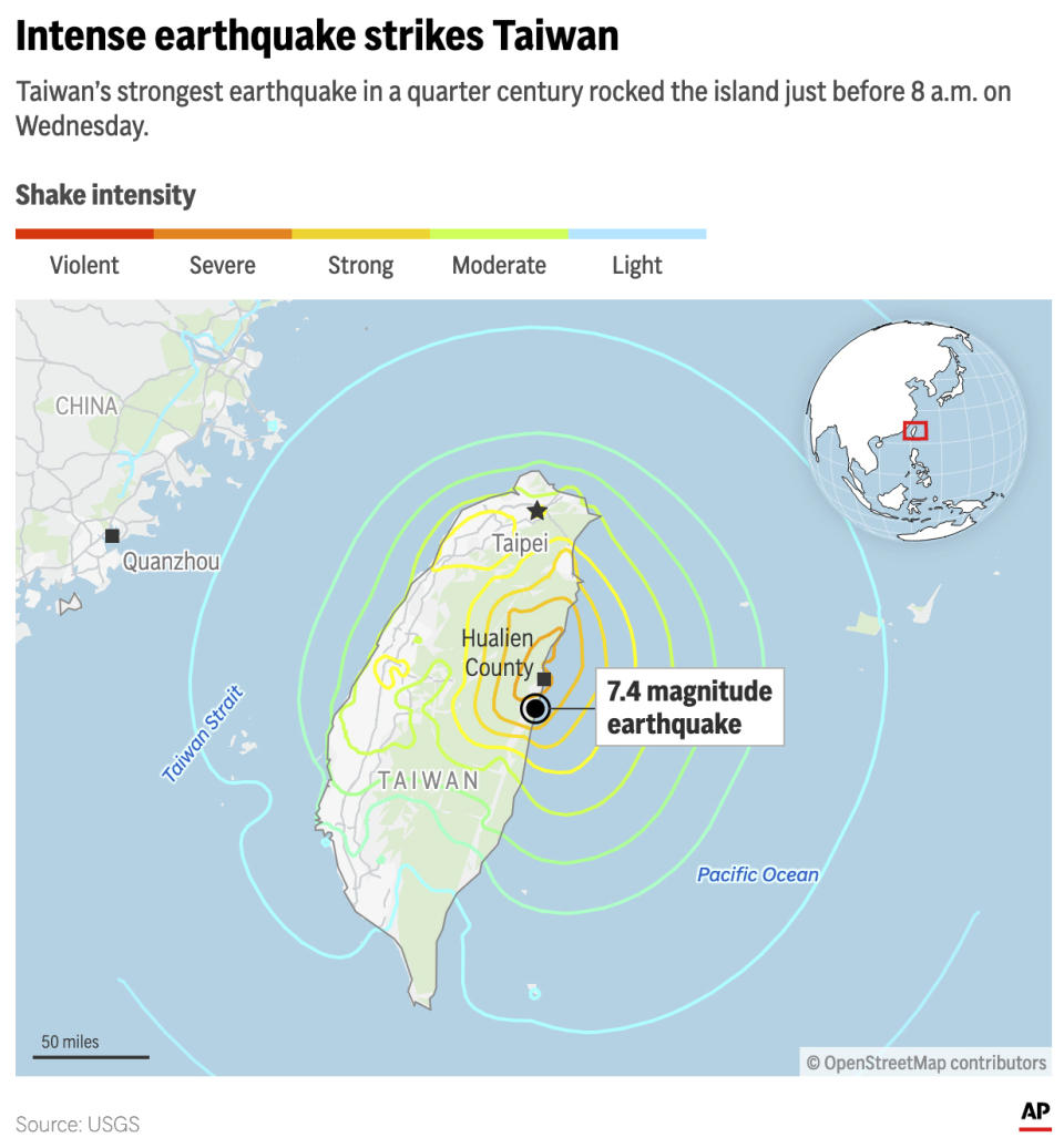 The map above locates the 7.4-magnitude earthquake that struck Taiwan on Wednesday, April 3 and plots its shake intensity. (AP Digital Embed)