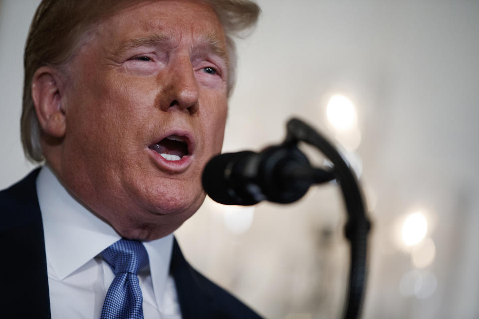 President Donald Trump speaks about the mass shootings in El Paso, Texas and Dayton, Ohio, in the Diplomatic Reception Room of the White House, Monday, Aug. 5, 2019, in Washington. (AP Photo/Evan Vucci)