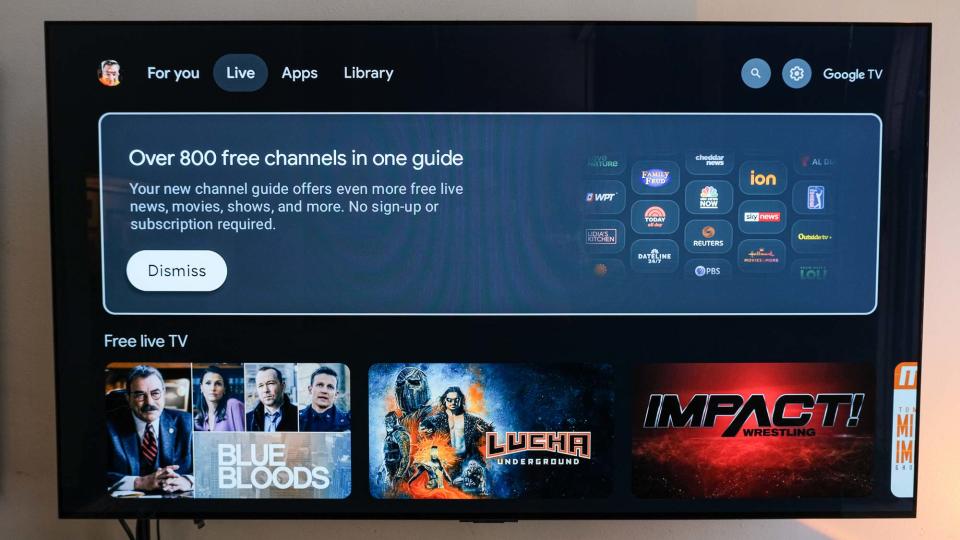 The live TV screen on a TV connected to the onn 4K Google TV streaming box