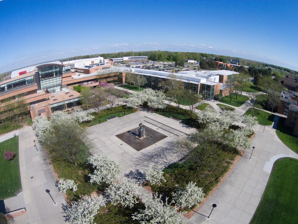 A view of Saginaw Valley State University's campus taken from a drone.