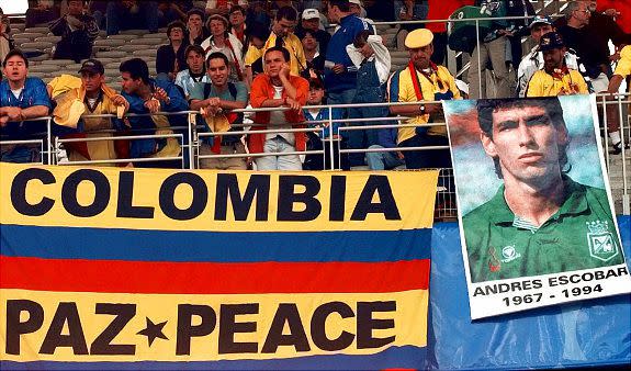 Andres Escobar (July 2, 1994): A defender on the 1994 Colombian World Cup team, Escobar directed a pass back that got past his goaltender and gave the US a goal. The Colombians were eliminated in the game and many believe that misdirected pass led to his murder less than a month later. On July 2, 1994 Escobar was shot and killed outside a bar near Medellin. Rumors buzzed that the murder was ordered by drug lords, who were outraged when Escobar's goal and the Colombians' loss cost them money in bets. A local teacher was later convicted of the murder.
