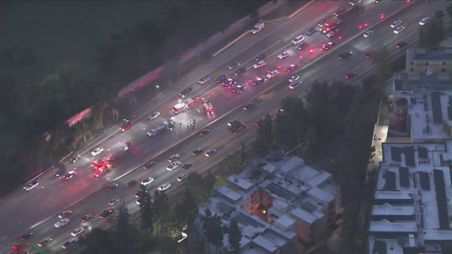 Preliminary information indicates the crash took place around 5:20 a.m. on the northbound side of the 101 at Lankershim Boulevard in Studio City on April 15, 2024. (Sky5)