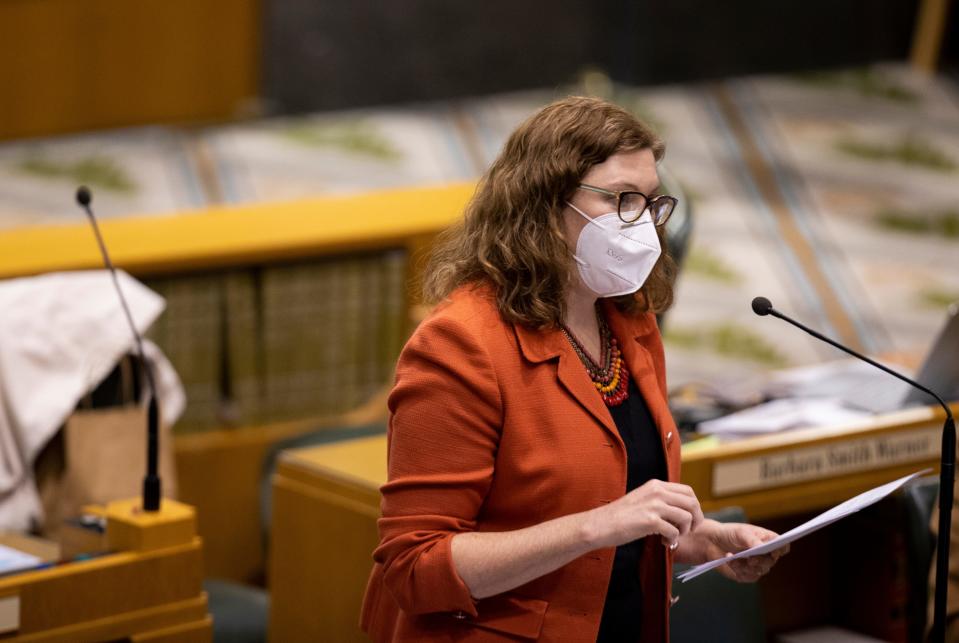 Rep.Julie Fahey, D-Eugene gives the third reading of SB 891 during the second special session at the Oregon State Capitol Building in Salem, Ore. on Monday, Dec. 13, 2021. 