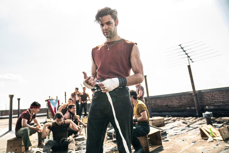 Bernardo (David Alvarez), who dreams of being a successful prize fighter, and the rest of the Sharks are trying to make it in America in "West Side Story."