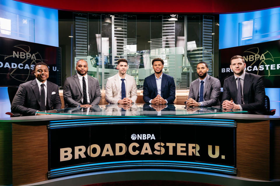 The 2019 Broadcaster U. class from left to right, Isiah Thomas, Jameer Nelson, Georges Niang, Justin Anderson, DJ Augustin and Jon Leuer. (Photo courtesy Hana Asano) 