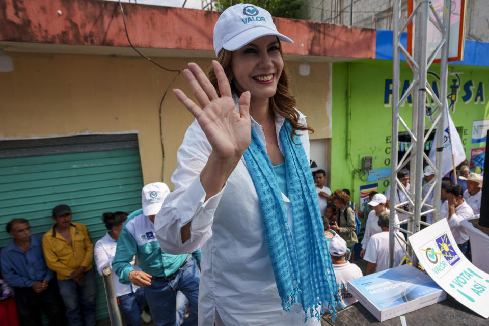 FILE - Zury Rios Sosa, presidential candidate for the Valor and Unionista coalition, takes the stage during a campaign rally in Sansare, Guatemala, June 2, 2023. Guatemalans go to the polls on June 25. (AP Photo/Moises Castillo, File)