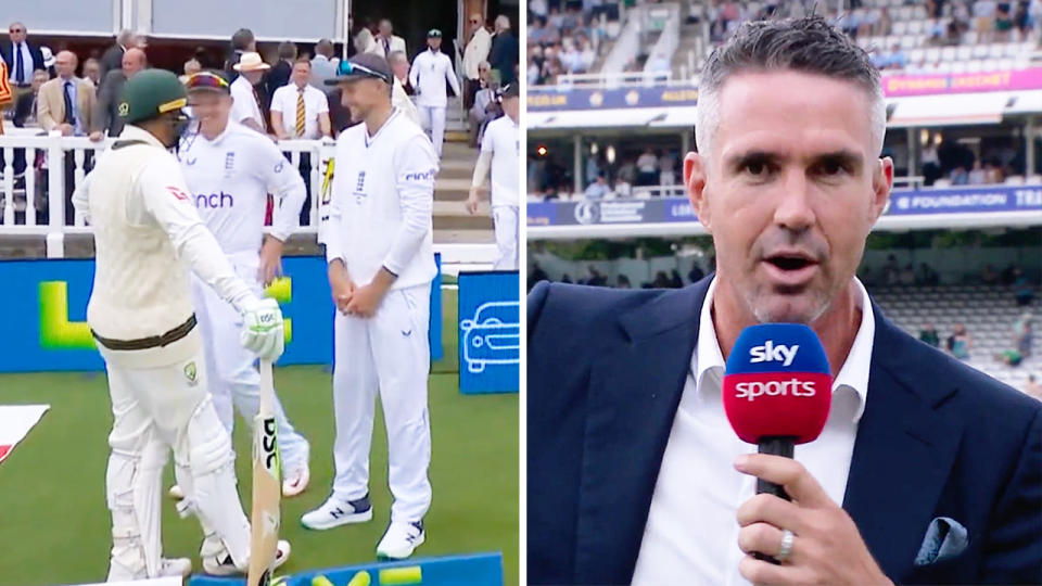 Usman Khawaja talking to Joe Root and Kevin Pietersen speaking on Sky Sports.