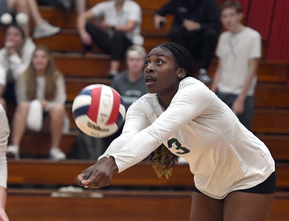 Boca Raton Christian's Tekoa Barnes hits one in their semifinal against Oak Hall during the FHSAA Girls Volleyball State Championships held at Polk State College in Winter Haven, Fl on Monday Nov. 6, 2023. Boca Raton Christian defeated Oak Hall in straight sets.