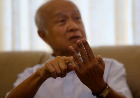 Prince Norodom Ranariddh gestures during an interview with Reuters at his home in central Phnom Penh, Cambodia October 14, 2017. Picture taken October 14, 2017. REUTERS/Samrang Pring