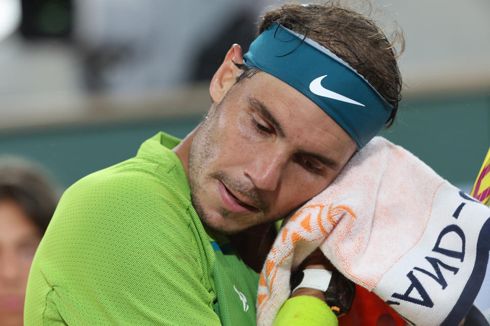 Rafa Nadal, pictured here battling hot and sweaty conditions against Alexander Zverev.