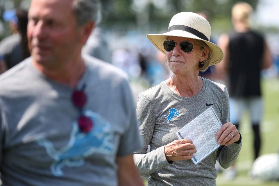 Detroit Lions principal owner and chair Sheila Ford Hamp walks off the field after the joint practice with New York Giants at Detroit Lions headquarters and training facility in Allen Park on Tuesday, August 8, 2023.