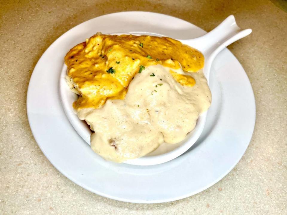 Biscuits and gravy from Wild Eggs Chorizo and Bacon Gravy.