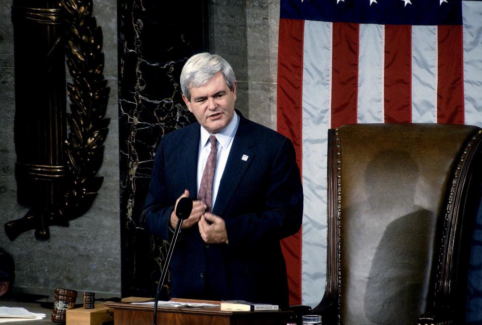PHOTO: Speaker of the House Newt Gingrich stands at the speakers podium as he presides over opening day of the 104th Congress Washington DC, Jan. 4, 1995.  (Mark Reinstein/Corbis via Getty Images, FILE)