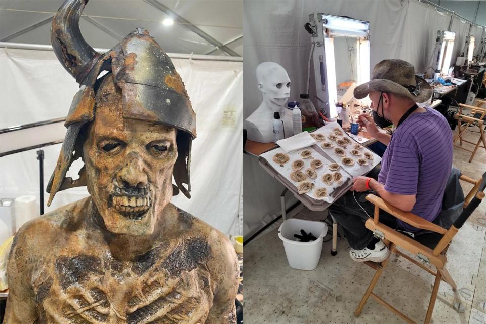 Roy Wooley paints small prosthetics used for ambient dead warriors in the DC Comics movie "Black Adam."