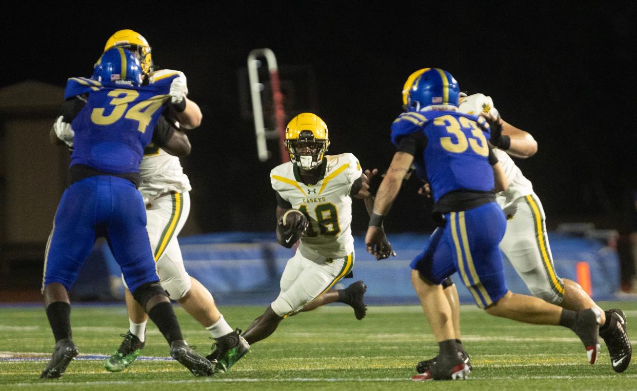 RBC Emanuel Ross looks for an opening to run through in first half action. Red Bank Catholic Football defeated Donovan Catholic 14-7 in Toms River, NJ on October 27, 2023.