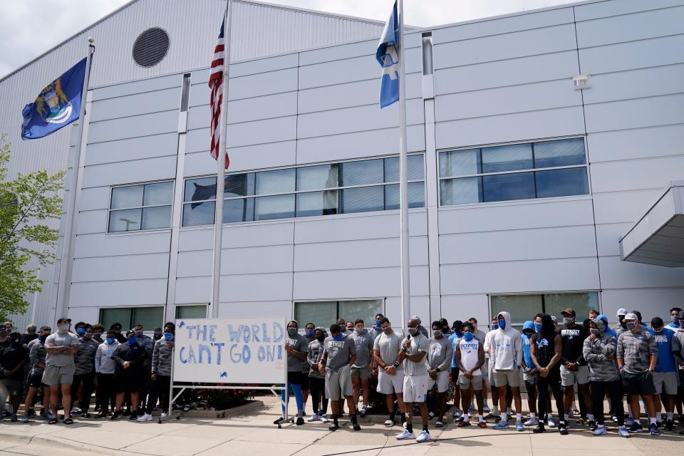 The Detroit Lions stand united against racial injustice at the Lions NFL football camp practice facility, Tuesday, Aug. 25, 2020, in Allen Park, Mich. The players were reacting to the recent shooting of Jacob Blake in Kenosha, Wisc., on Sunday. (AP Photo/Carlos Osorio)