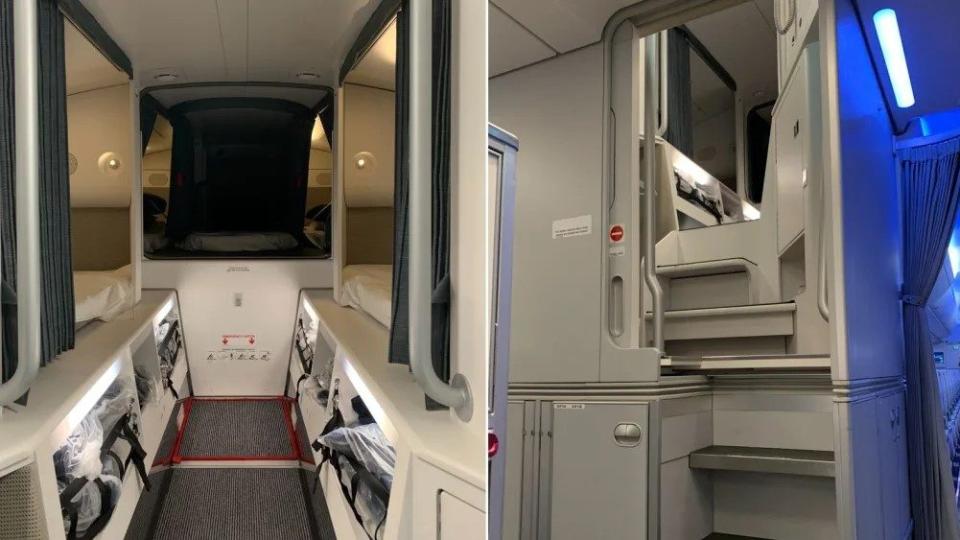 Imagen dividida de la zona de descanso de la tripulación de cabina de un A350 de Finnair. A la derecha se ve la entrada, a la que se accede desde la cocina delantera. Aleksi (Crédito: Kousmanen/Finnair)