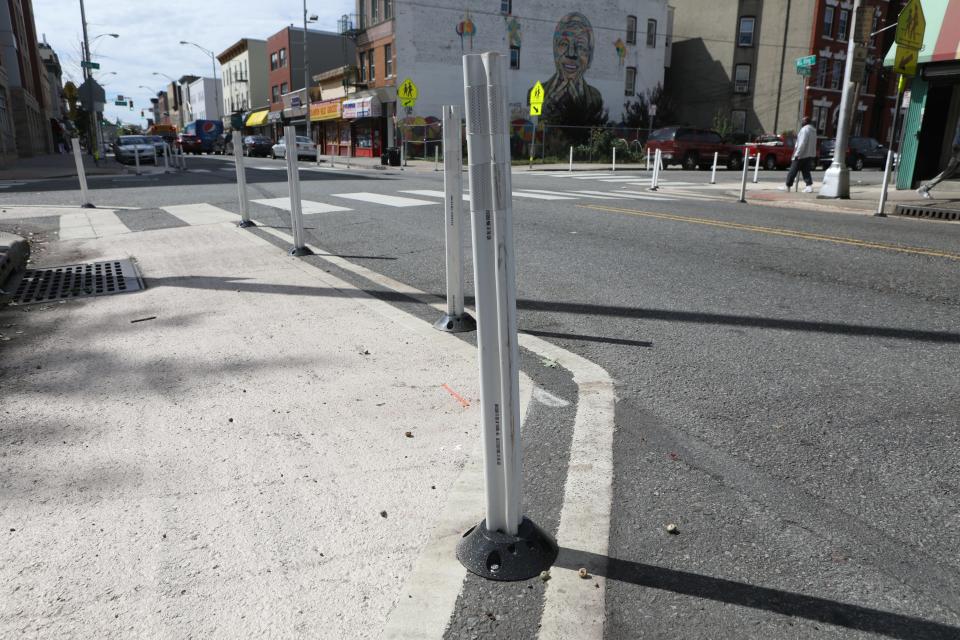 The intersection of Oak St. and Martin Luther King Dr. in Jersey City has curb extensions to increase visibility, force drivers to slow down and reduce the crossing distance for pedestrians.