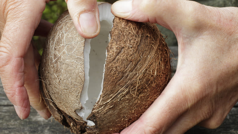 hands cracking open a coconut