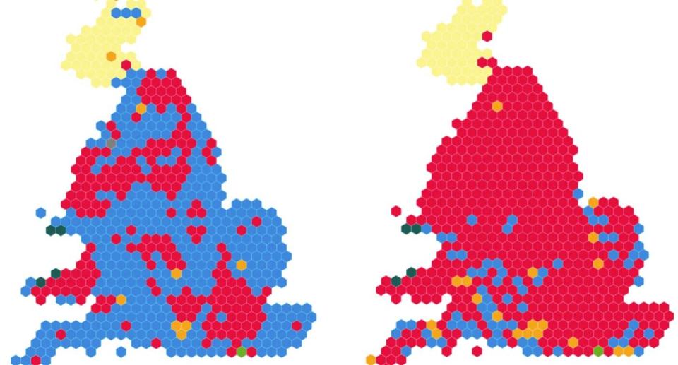 Labour would have 314 seat majority, according to the poll, compared to the nationwide picture in 2019 (left).