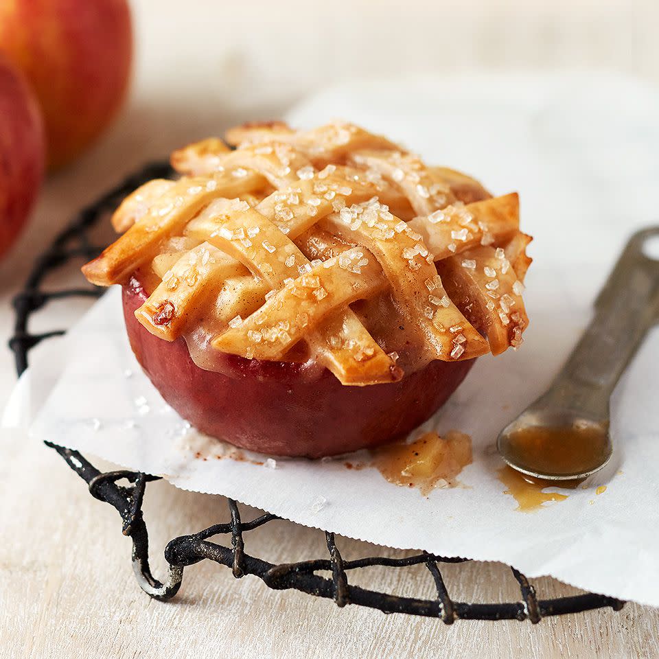 <p>Little apple pies are baked in hollowed out shells of apples, topped with a pie crust lattice, and baked until golden brown and filling is bubbly. <a href="https://www.eatingwell.com/recipe/259388/all-american-apple-pies/" rel="nofollow noopener" target="_blank" data-ylk="slk:View Recipe;elm:context_link;itc:0;sec:content-canvas" class="link ">View Recipe</a></p>