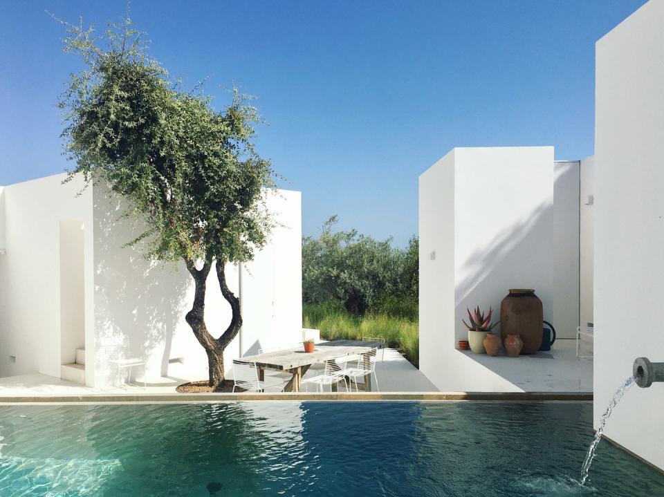 a pool with a tree and a building by it