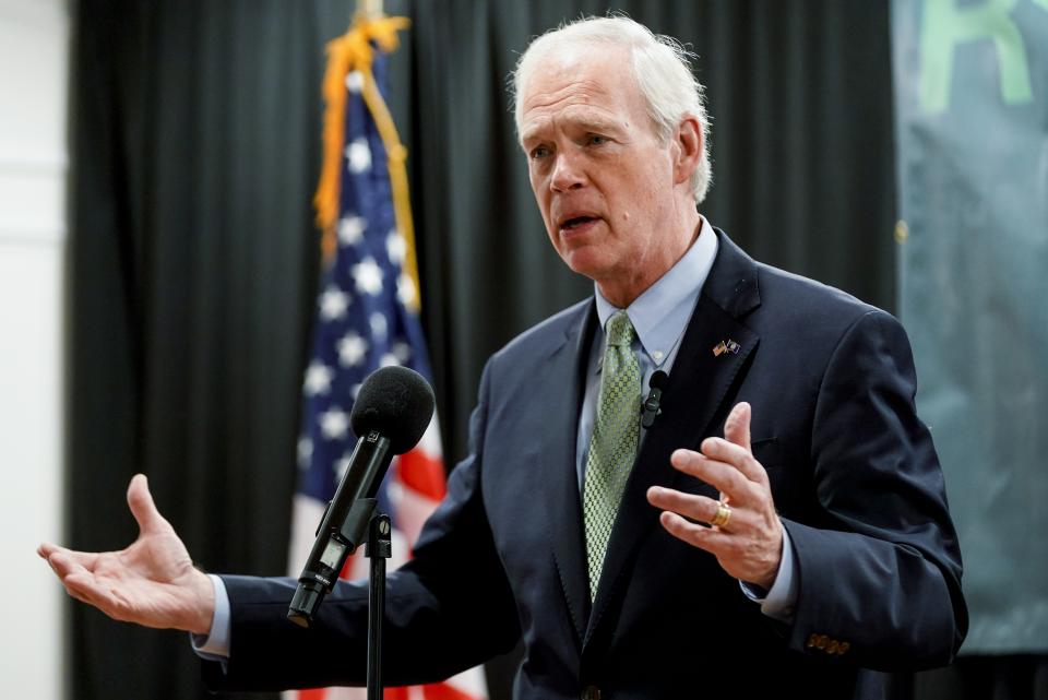 Wisconsin Republican Sen. Ron Johnson speaks at a rally with supporters Tuesday, Oct. 25, 2022, in Waukesha, Wis. Johnson and Democrat Mandela Barnes are honing closing arguments in a Wisconsin race that could be critical in which party controls the U.S. Senate. (AP Photo/Morry Gash)