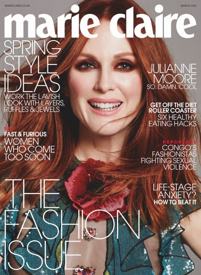 Julianne Moore auf dem Cover der britischen Marie Claire vom März 2016. Sie trägt Gucci Look 9 der Frühjahrskollektion 2016.