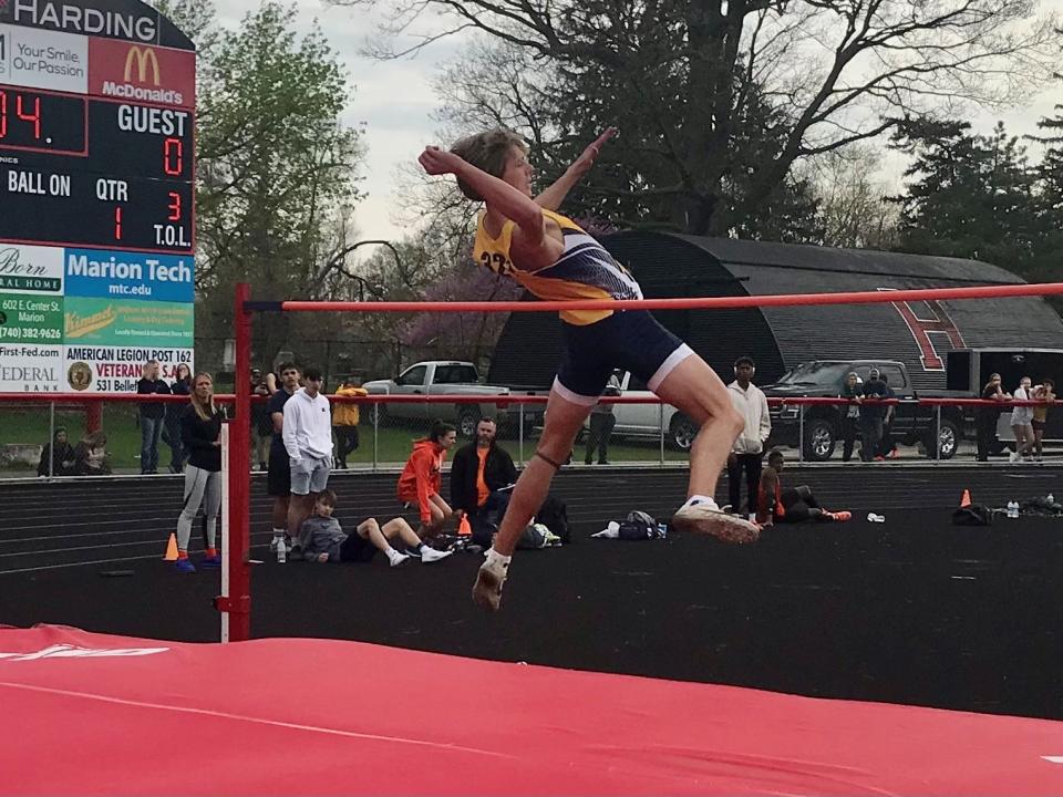 River Valley's Grant Butler leaps in the boys high jump at Friday's Marion Night Invitational at Harding Stadium.