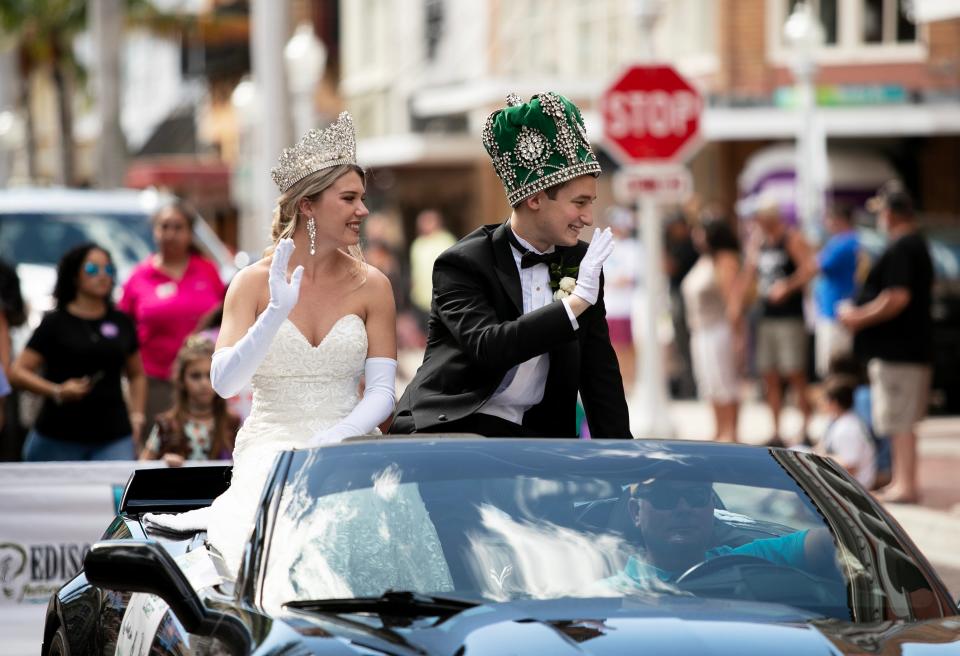 Edison Pageant of Light Queen and King Natalie Arnold and Pierce Tyson wave to the crowd during the 2024 Edison Festival of Light Junior Parade on Sunday, Feb 11, 2024, in downtown Fort Myers.