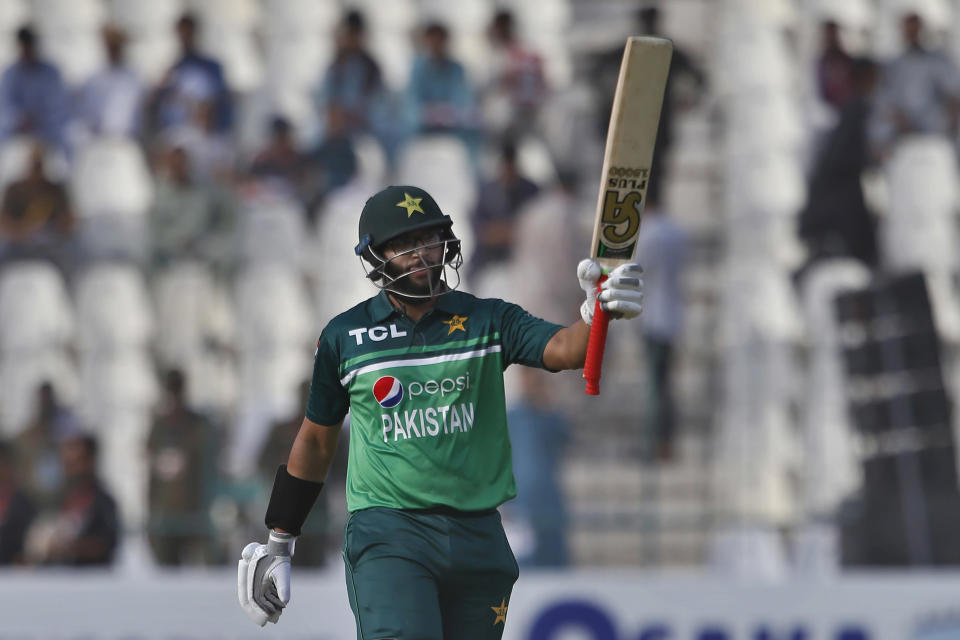 Pakistan's Imam-ul-Haq celebrates after scoring fifty during the third one-day international cricket match between Pakistan and West Indies at the Multan Cricket Stadium, in Multan, Pakistan, Sunday, June 12, 2022. (AP Photo/Anjum Naveed)