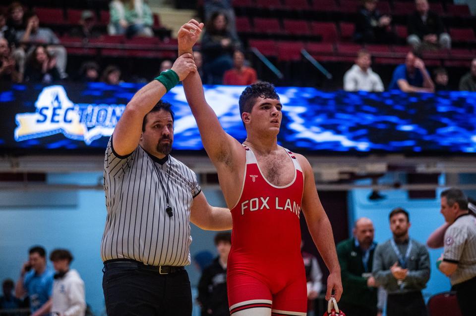 Fox Lane's Alexander Berisha wins the 215 pound weight class during the Section 1 division 1 wrestling championship in White Plains, NY on Sunday, February 11, 2024.