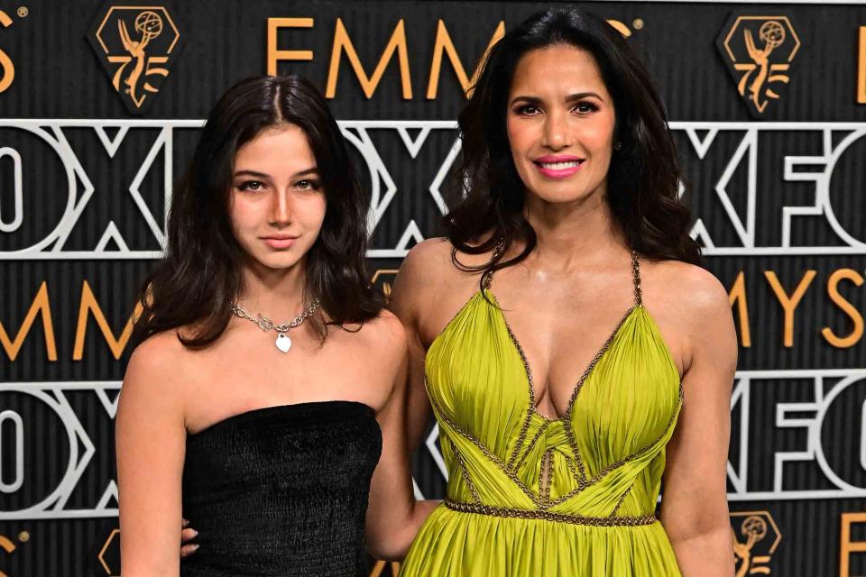 <p>FREDERIC J. BROWN/AFP via Getty</p> Padma Lakshmi and her daughter Krishna at the Emmys together in January.