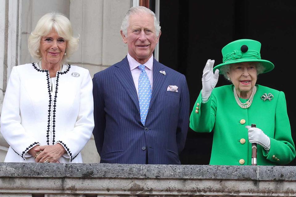 <p>Chris Jackson - WPA Pool/Getty</p> Camilla, Charles and Queen Elizabeth on the balcony of Buckingham Palace during the Platinum Jubilee in June 2022.