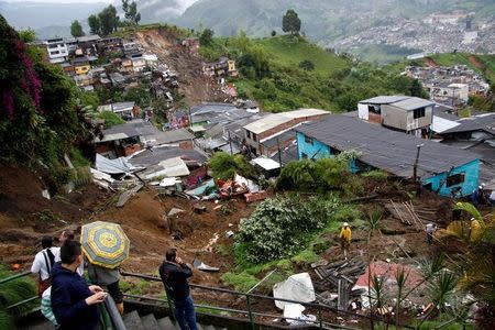 View of a neighborhood destroyed after mudslides, caused by heavy rains leading several rivers to overflow, pushing sediment and rocks into buildings and roads, in Manizales, Colombia April 19, 2017. REUTERS/Santiago Osorio