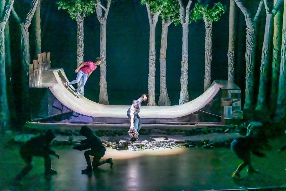 Actors Alex Michell (on the half pipe) and Akiyo Komatsu (center) perform in a scene of "Summer Session With The Bones Brigade."