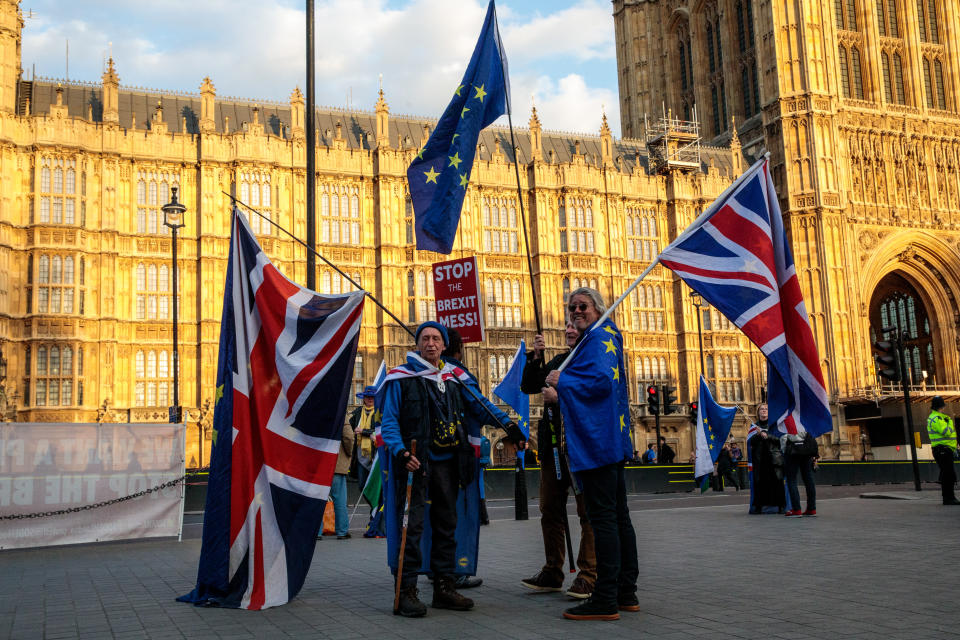 Anti-Brexit protesters demonstrate outside the Houses of Parliament in Westminster in London, England. Photo: Jack Taylor/Getty Images